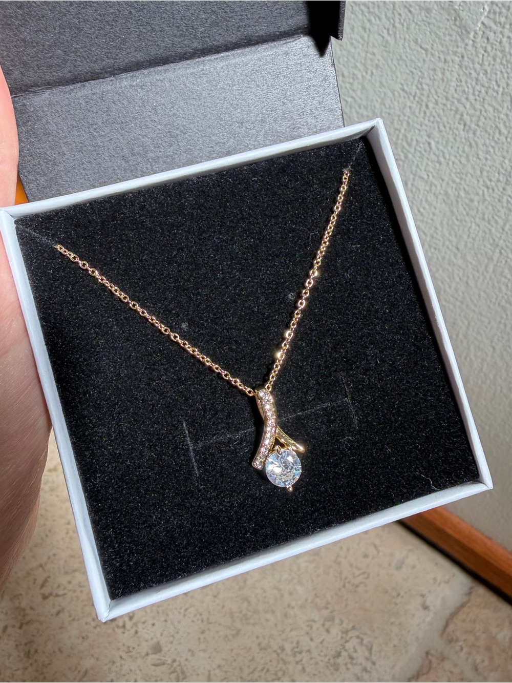 Gold Pendant Necklace with Clear Crystal Accent